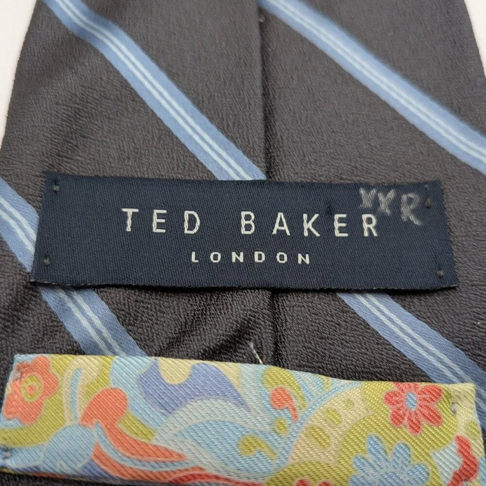 Ted Baker London 100% Silk Black / Blue Striped Tie USA made - Picture 4 of 7